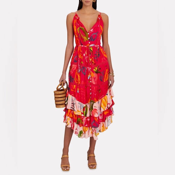 Farm Rio mixed Fruits Ocean TieredAsymmetric Ruffled Midi Dress